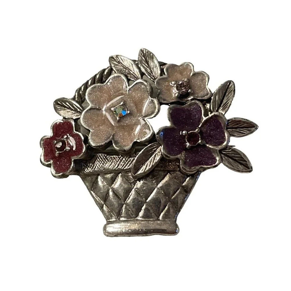 Liz Claiborne Shimmer Enamel Flower Basket Brooch w/‎ AB Rhinestones Silver Tone